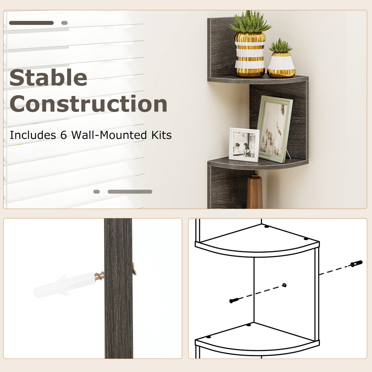 5-Tier Corner Shelf Floating Bookshelf Wall Mounted Storage Organizer