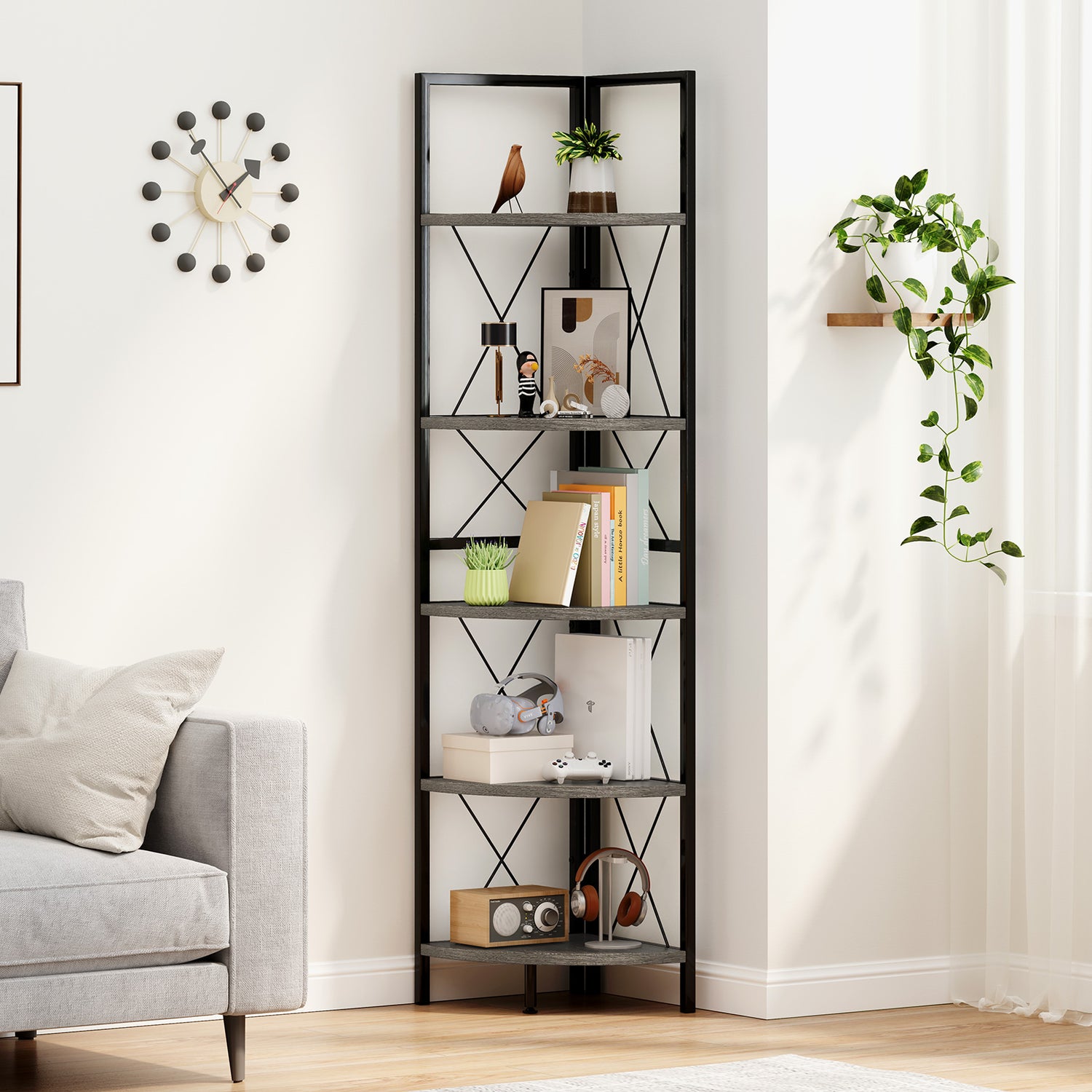 5-Tier Freestanding Corner Shelf 63 Inch Tall Storage Rack