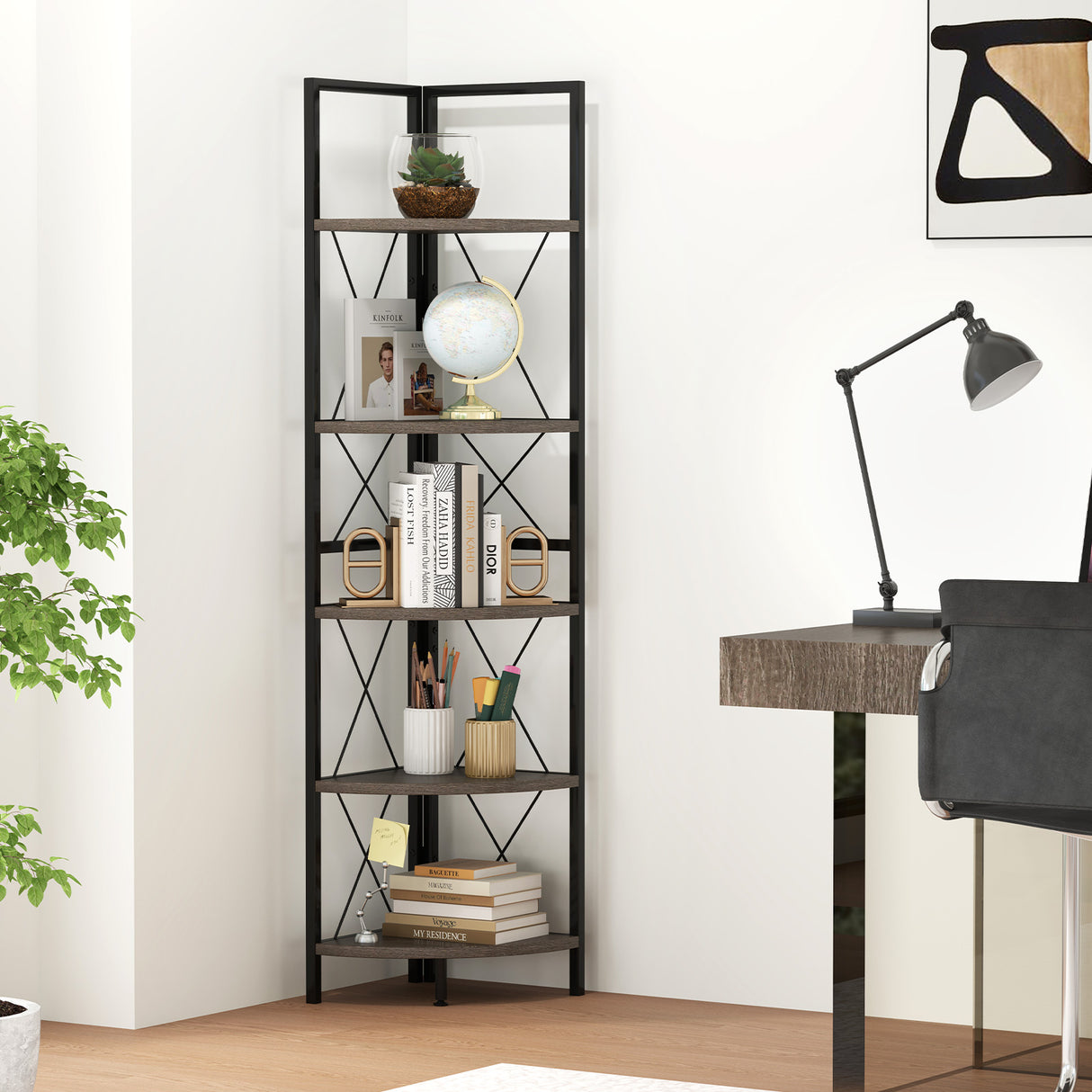 5-Tier Freestanding Corner Shelf 63 Inch Tall Storage Rack