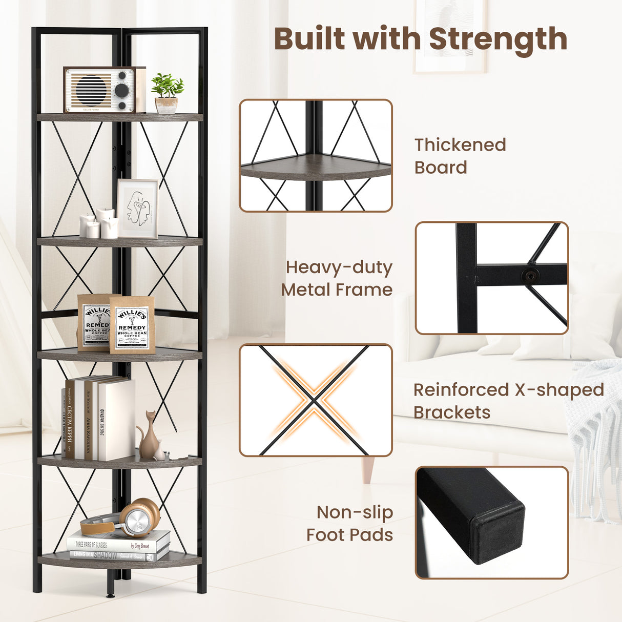 5-Tier Freestanding Corner Shelf 63 Inch Tall Storage Rack