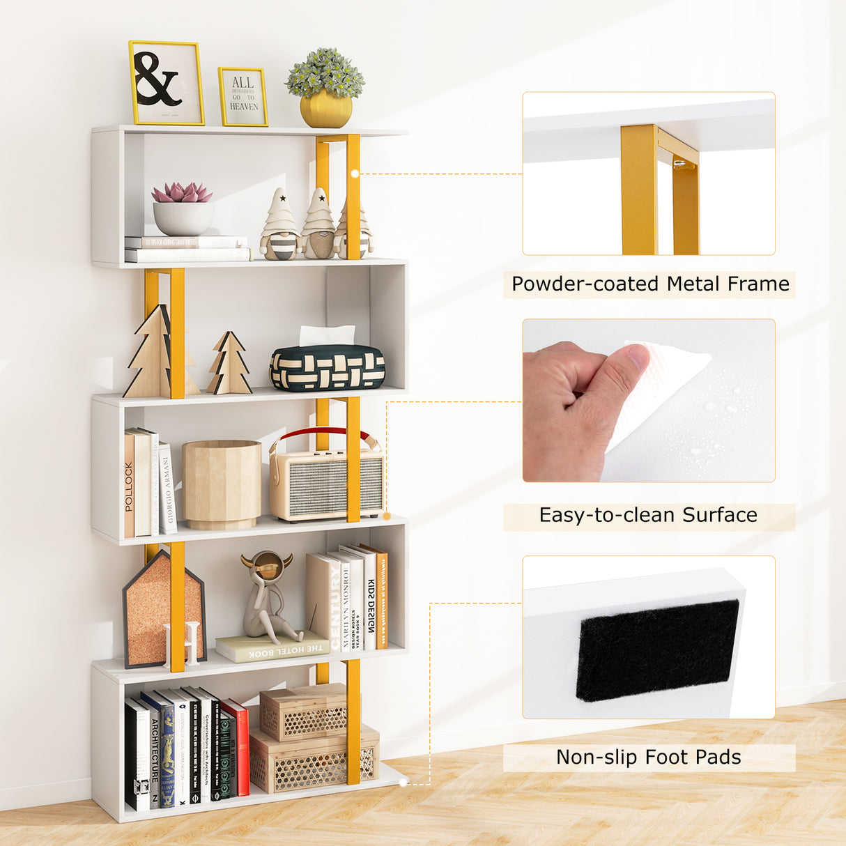 5-Tier/6-Tier Geometric Bookcase with Metal Frame and Anti-tipping Kits-5