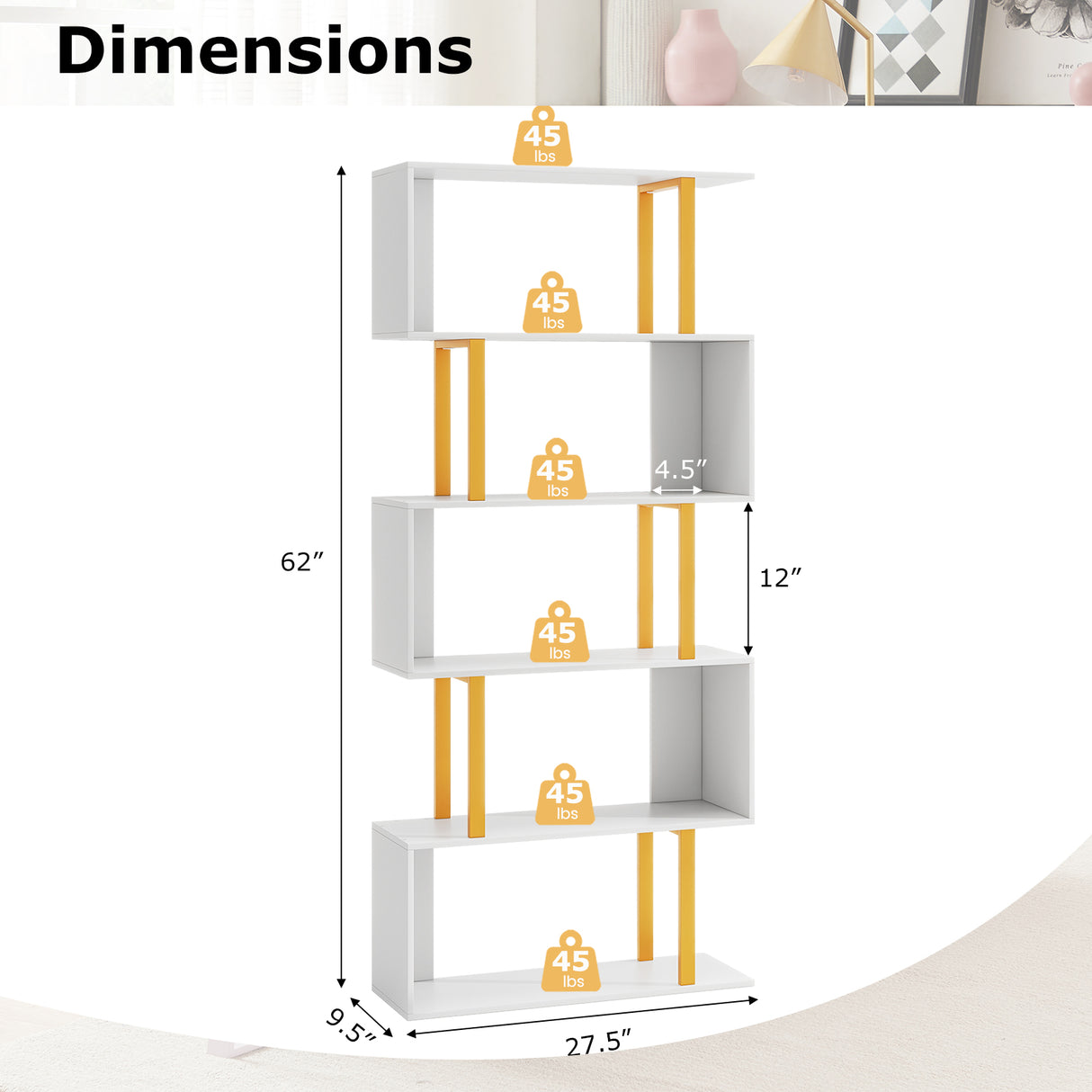 5-Tier/6-Tier Geometric Bookcase with Metal Frame and Anti-tipping Kits-5