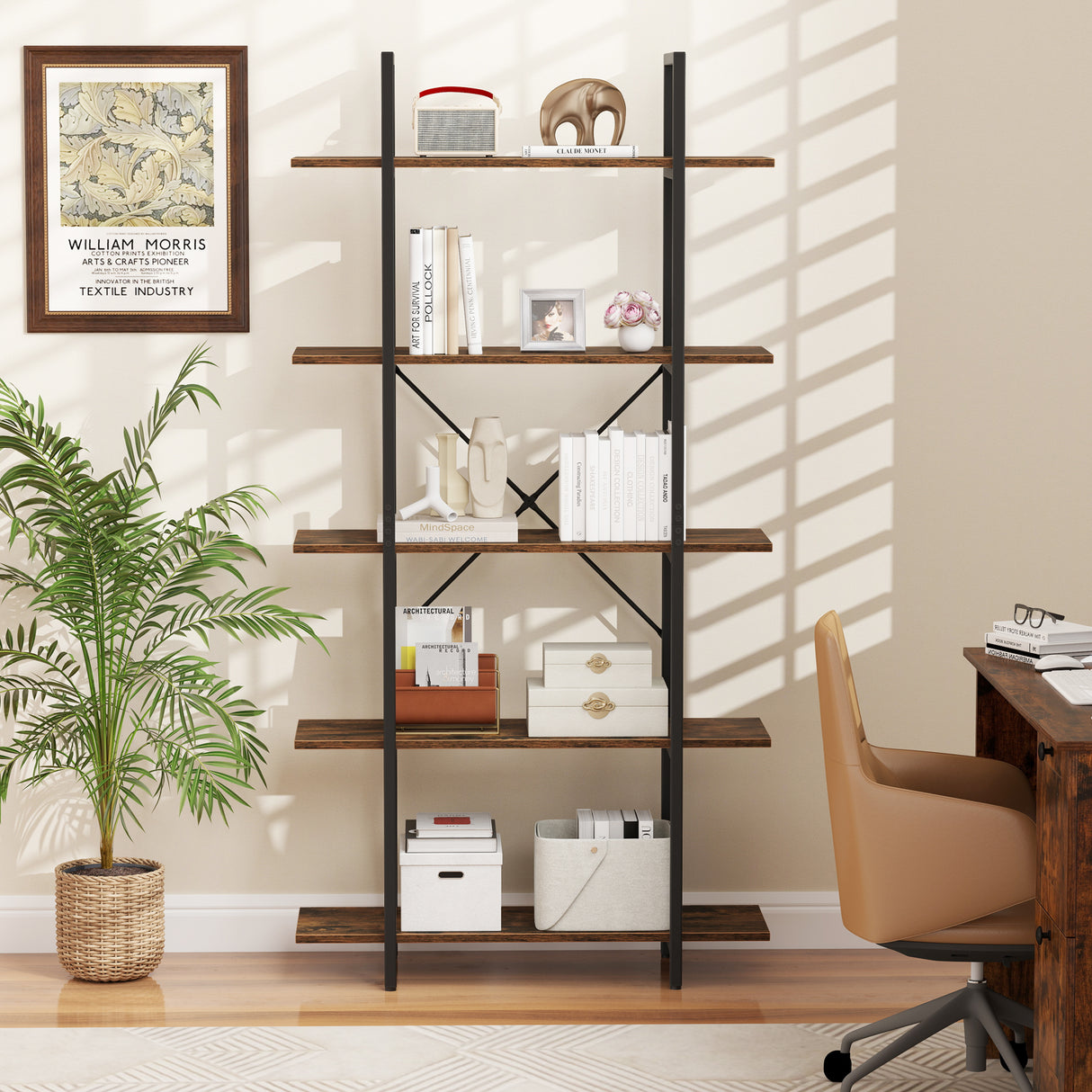 5-Tier 62 Inch Tall Vintage Industrial Bookcase with Open Storage Shelves-Rustic Brown