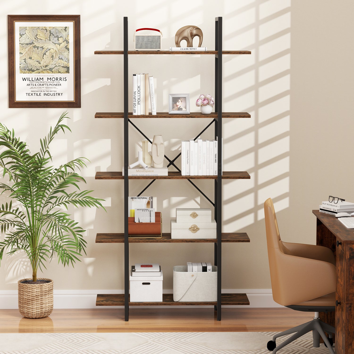 5-Tier 62 Inch Tall Vintage Industrial Bookcase with Open Storage Shelves-Rustic Brown