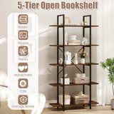 5-Tier 62 Inch Tall Vintage Industrial Bookcase with Open Storage Shelves-Rustic Brown