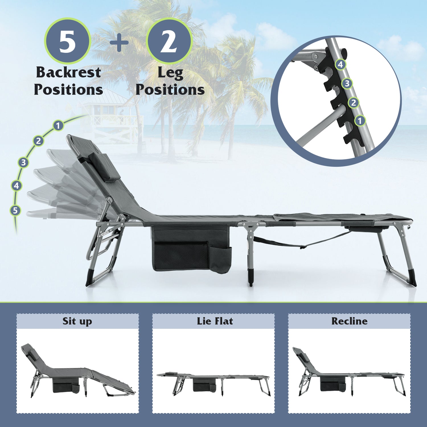 5-position Outdoor Folding Chaise Lounge Chair