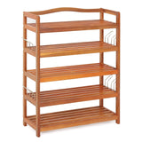 3-Tier Acacia Wood Shoe Rack with Side Metal Hooks