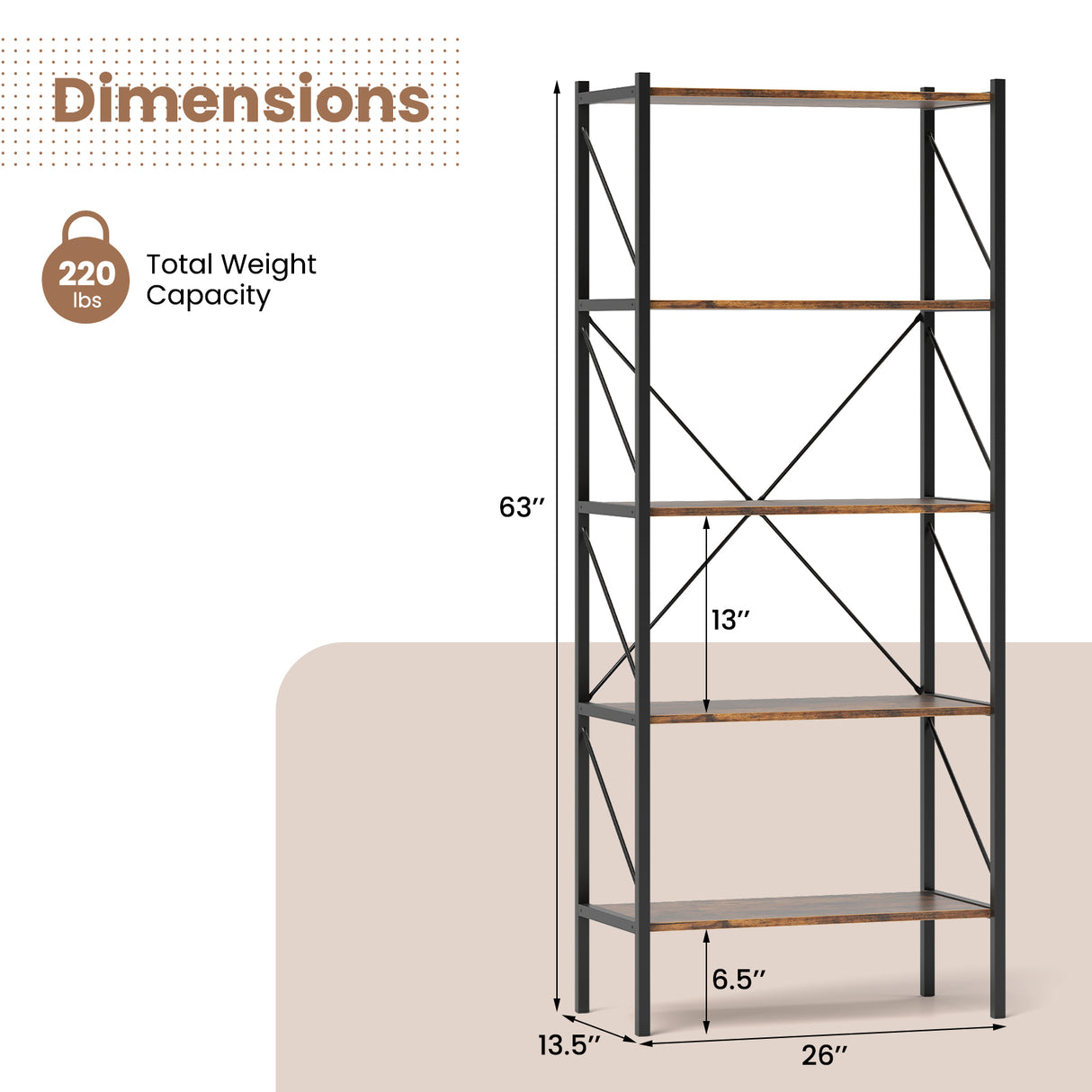5-Tier Bookshelf with Open Shelves and Heavy Duty Metal Frame