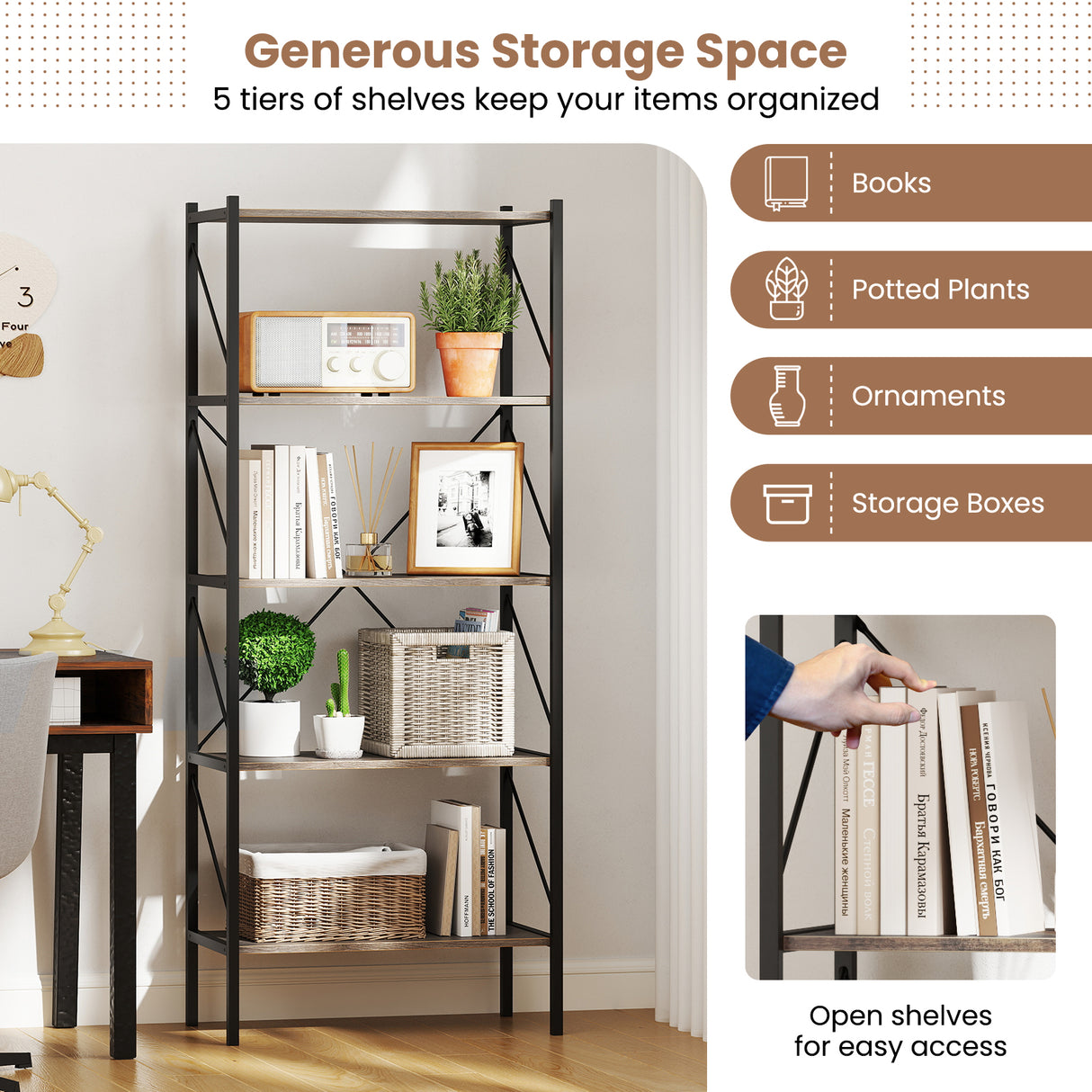 5-Tier Bookshelf with Open Shelves and Heavy Duty Metal Frame