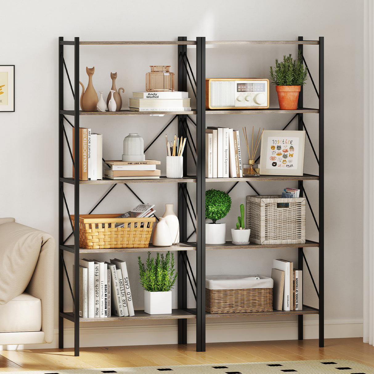 5-Tier Bookshelf with Open Shelves and Heavy Duty Metal Frame
