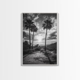 Palm Sunset, Desert Light, Silhouetted Trees, Framed Canvas Print, Tropical Boho Wall Art, Sunset Living Room Decor, Moody Nature Style