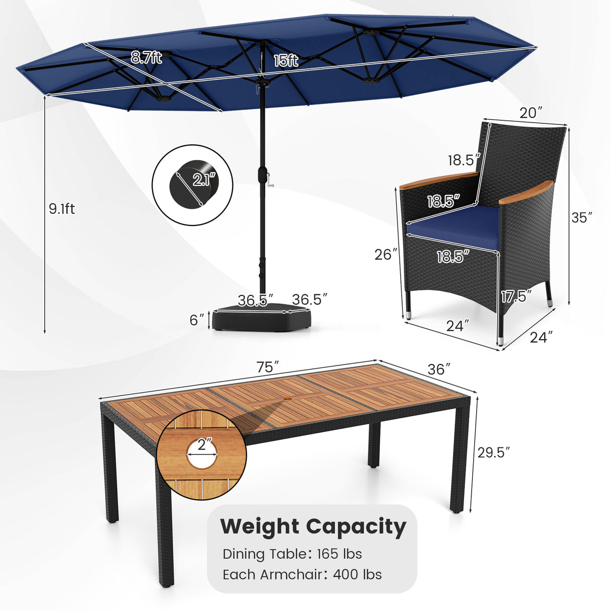 10 Piece Outdoor Patio Dining Set with 15 Feet Double-Sided Twin Umbrella