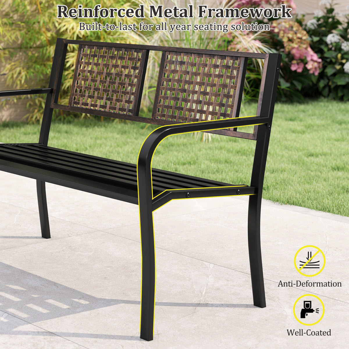 50 Inch Outdoor Metal Garden Bench with Rattan-Like Backrest for 2-3 People-Black