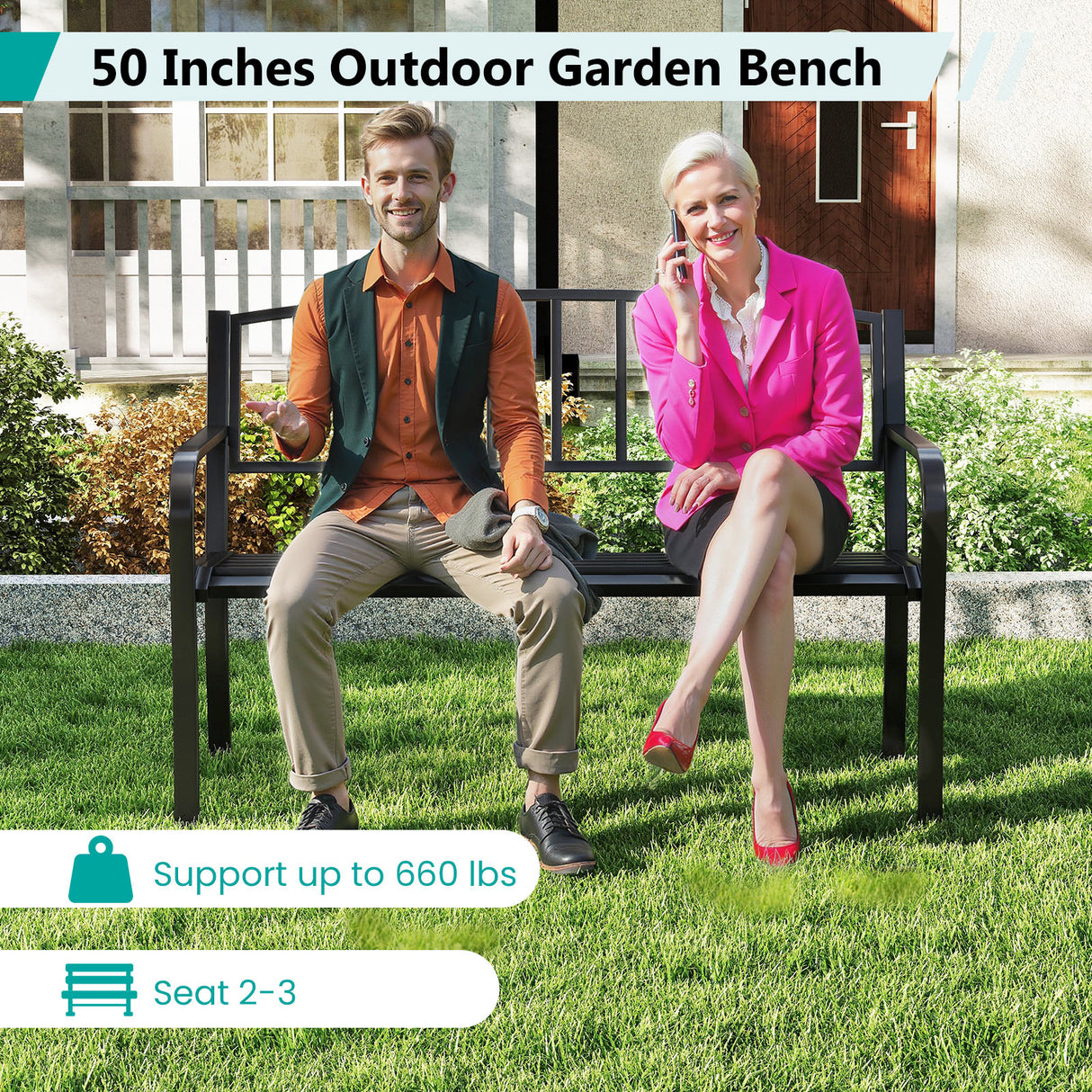 50 Inches Outdoor Garden Bench with Slatted Backrest and Curved Armrests-Black
