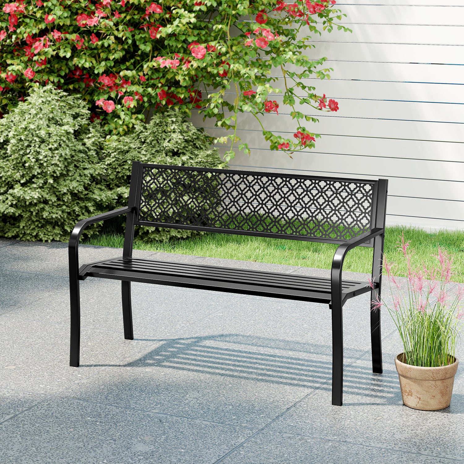 50 Inches Outdoor Garden Bench with Geometric Lattice Backrest and Slatted Seat