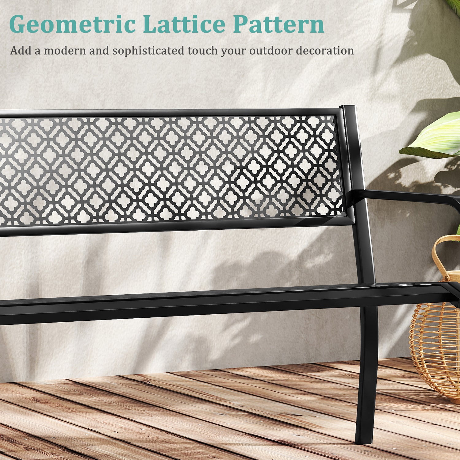 50 Inches Outdoor Garden Bench with Geometric Lattice Backrest and Slatted Seat