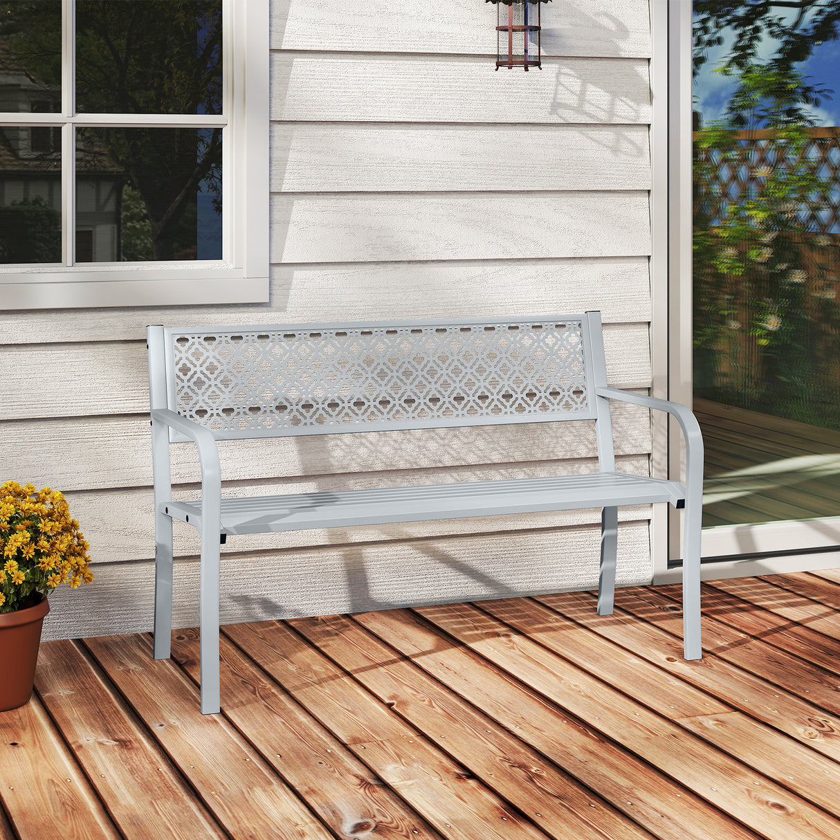 50 Inches Outdoor Garden Bench with Geometric Lattice Backrest and Slatted Seat