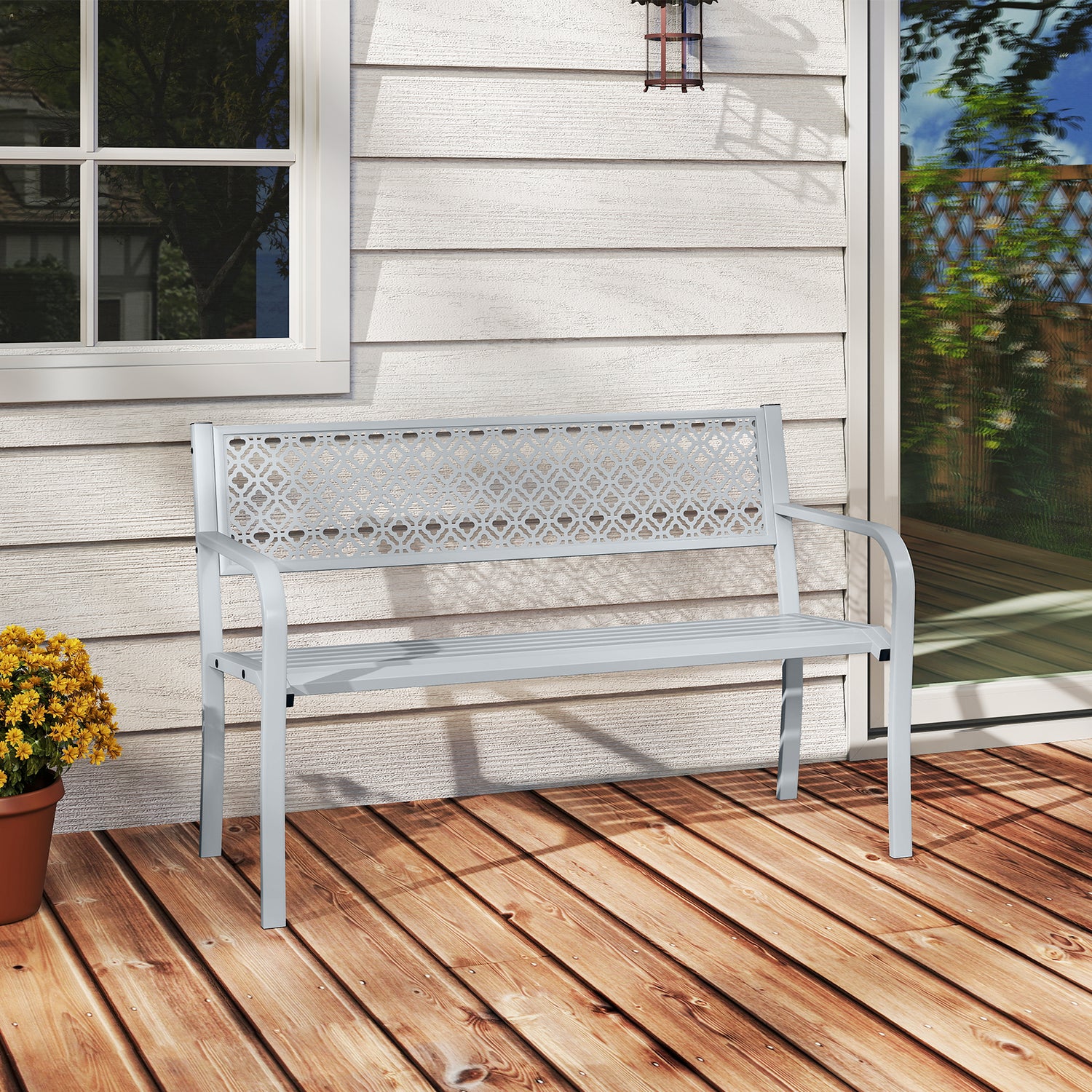 50 Inches Outdoor Garden Bench with Geometric Lattice Backrest and Slatted Seat