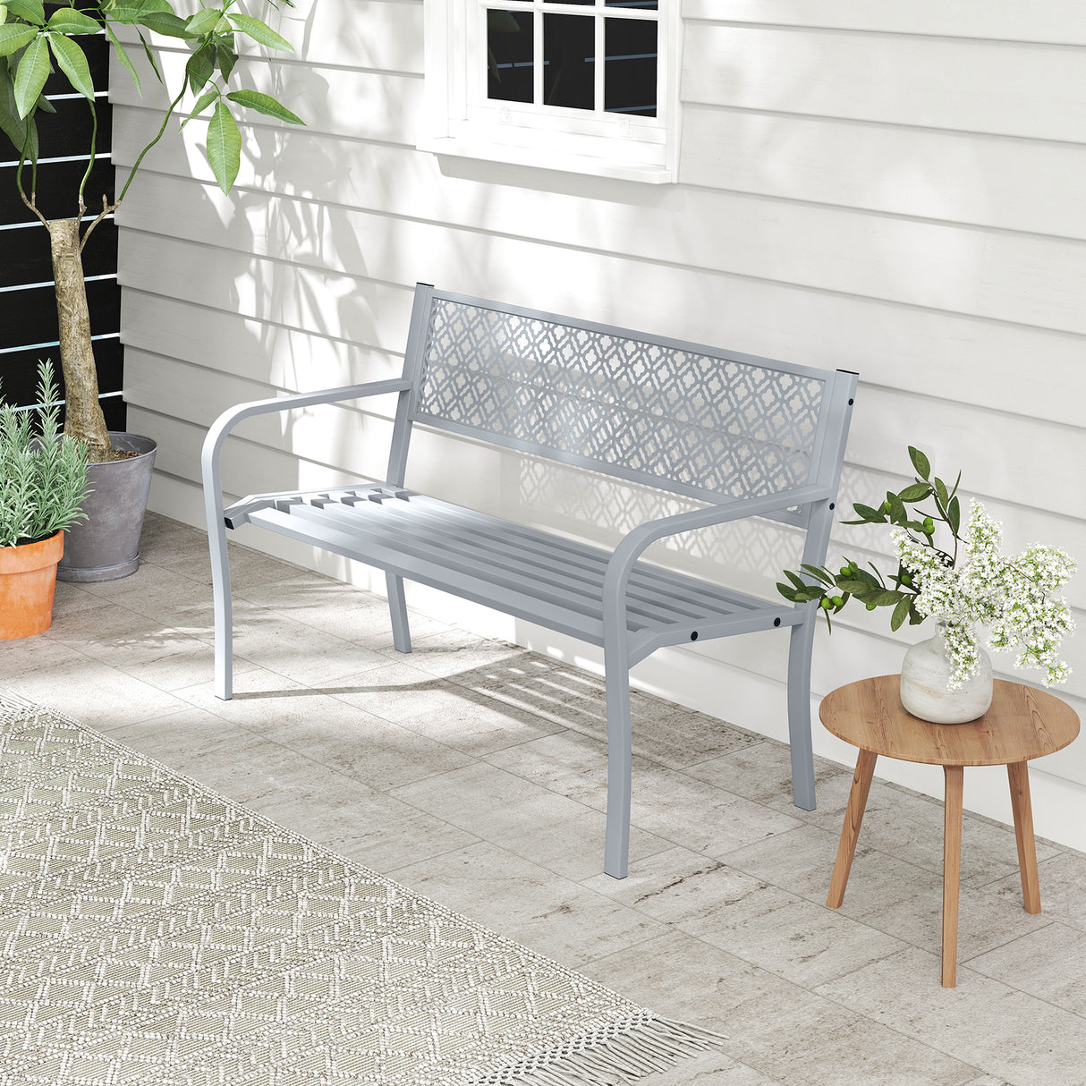 50 Inches Outdoor Garden Bench with Geometric Lattice Backrest and Slatted Seat