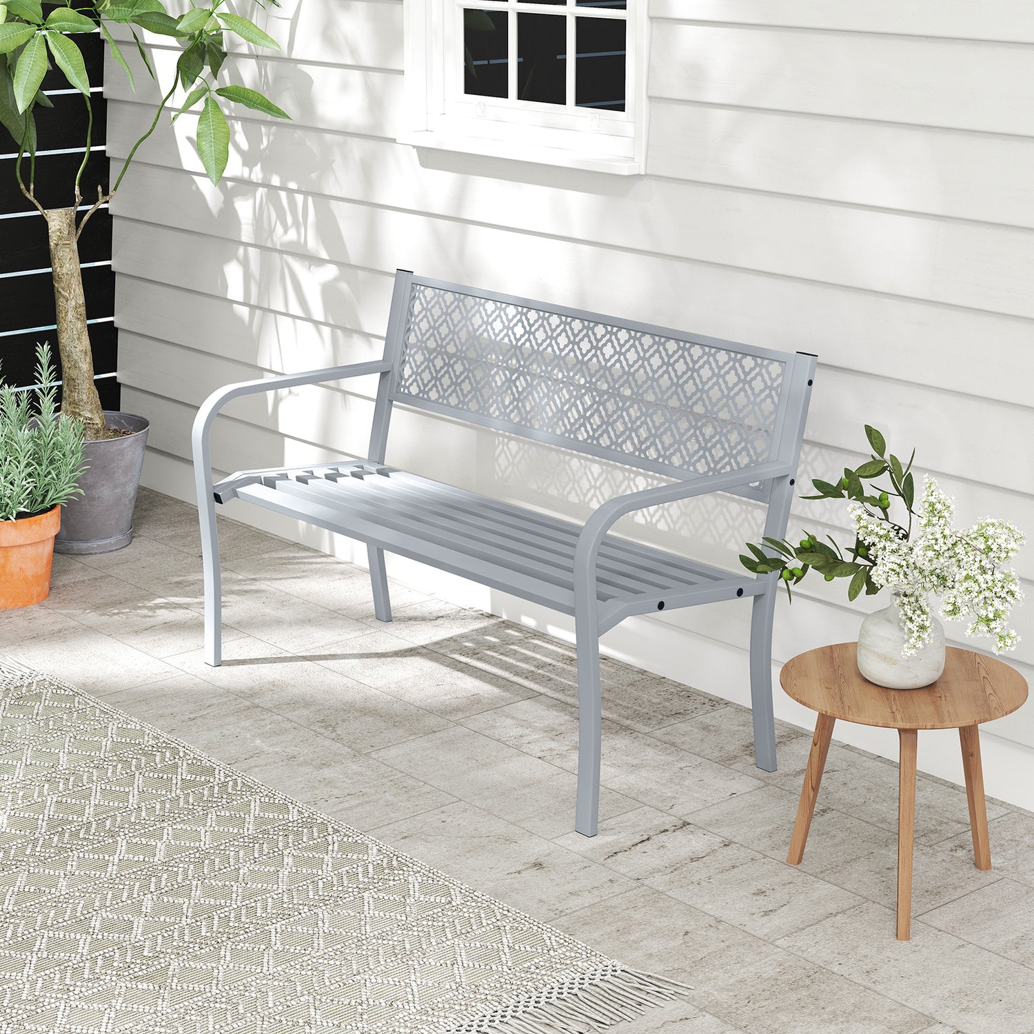 50 Inches Outdoor Garden Bench with Geometric Lattice Backrest and Slatted Seat