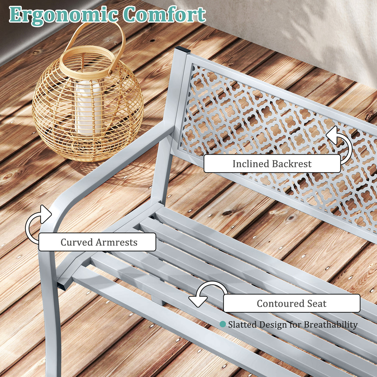 50 Inches Outdoor Garden Bench with Geometric Lattice Backrest and Slatted Seat