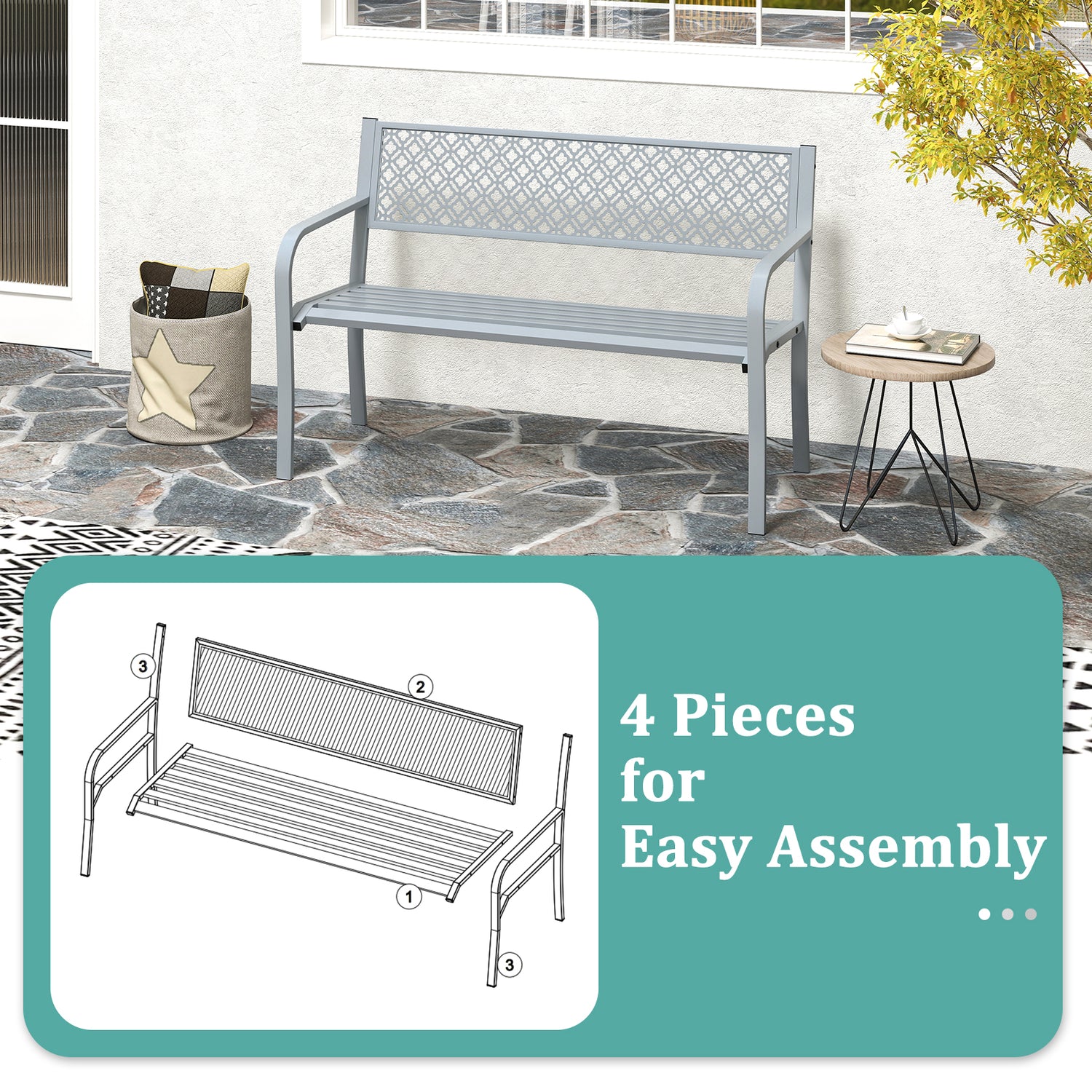 50 Inches Outdoor Garden Bench with Geometric Lattice Backrest and Slatted Seat