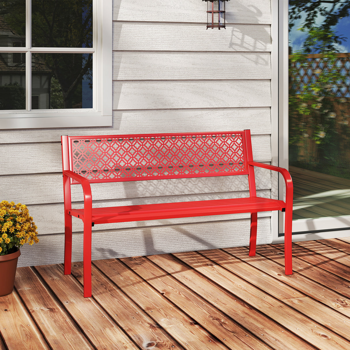 50 Inches Outdoor Garden Bench with Geometric Lattice Backrest and Slatted Seat