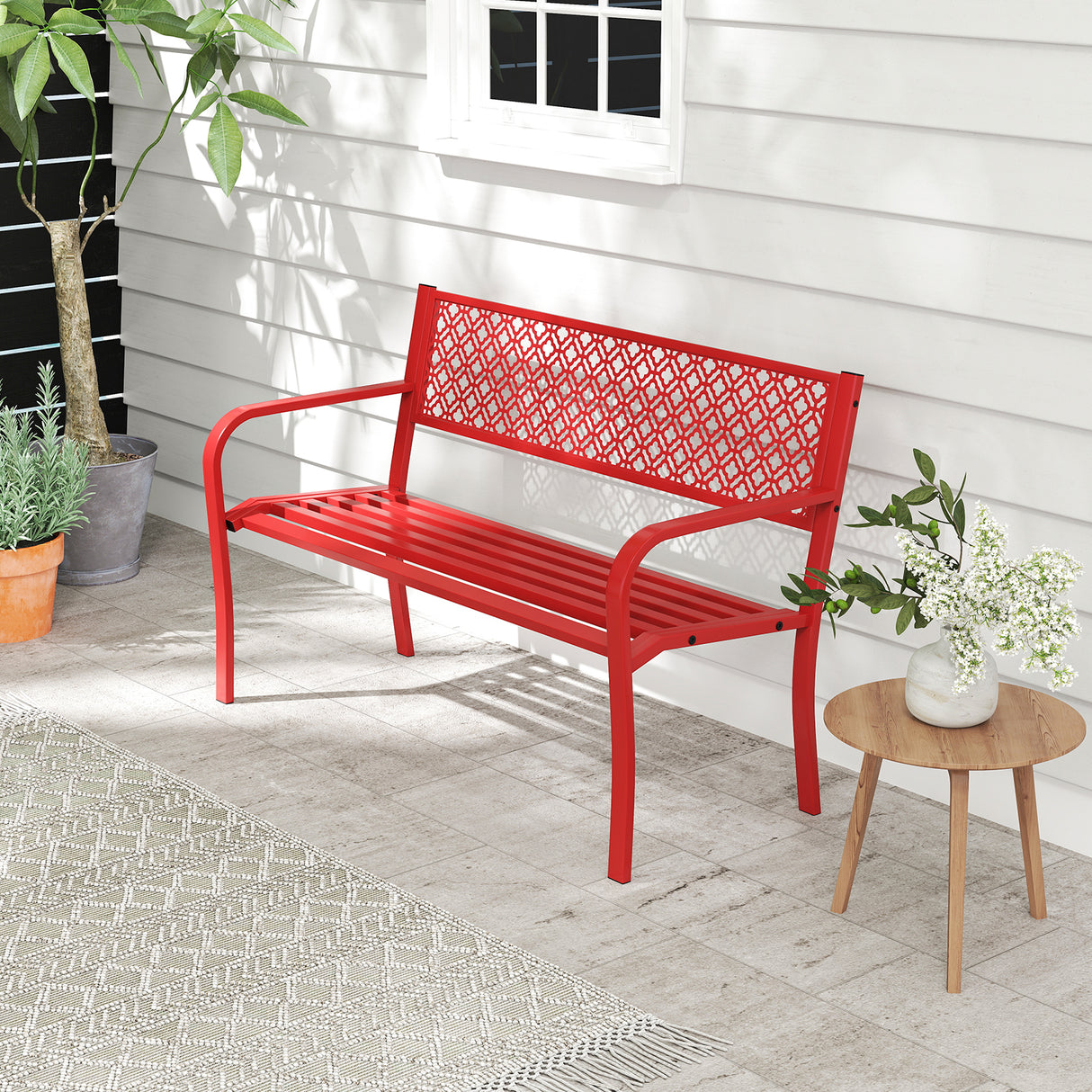 50 Inches Outdoor Garden Bench with Geometric Lattice Backrest and Slatted Seat
