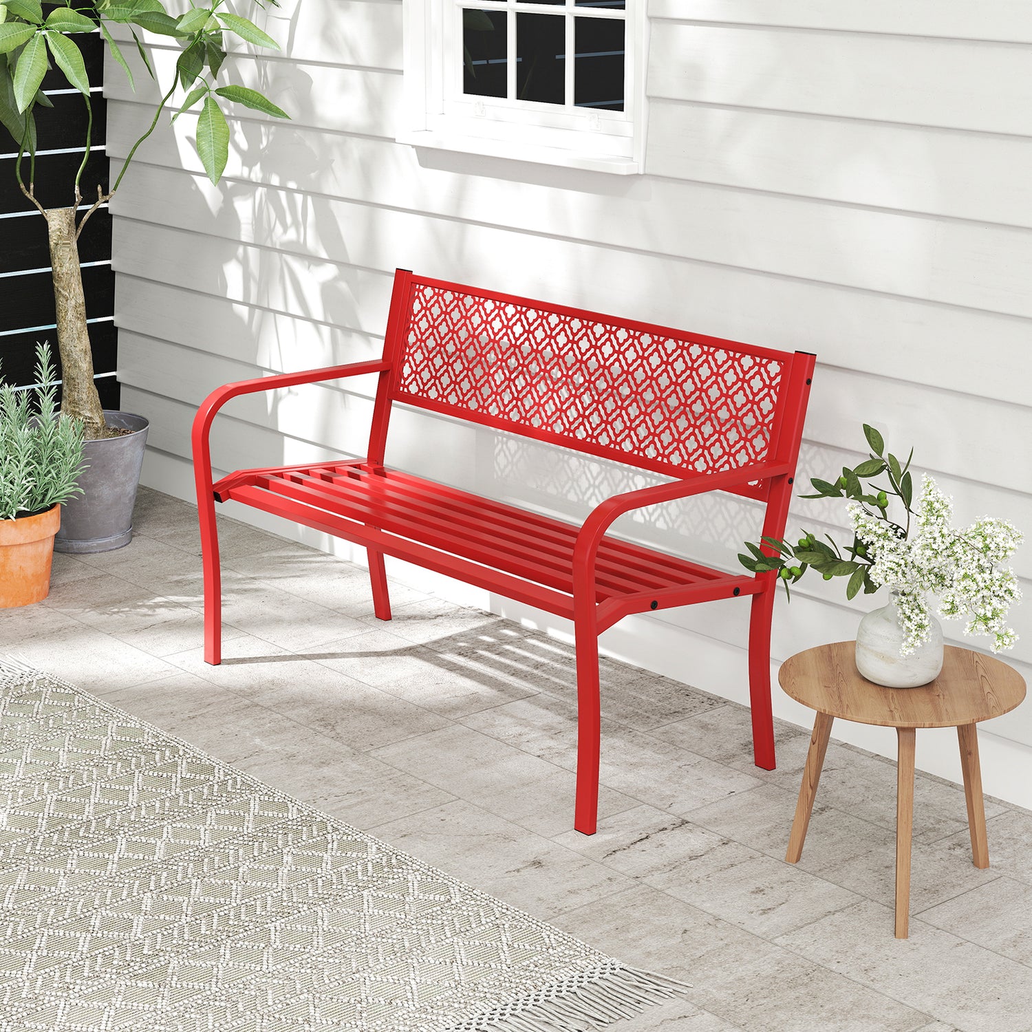 50 Inches Outdoor Garden Bench with Geometric Lattice Backrest and Slatted Seat