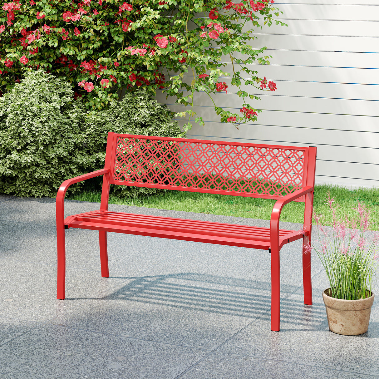50 Inches Outdoor Garden Bench with Geometric Lattice Backrest and Slatted Seat