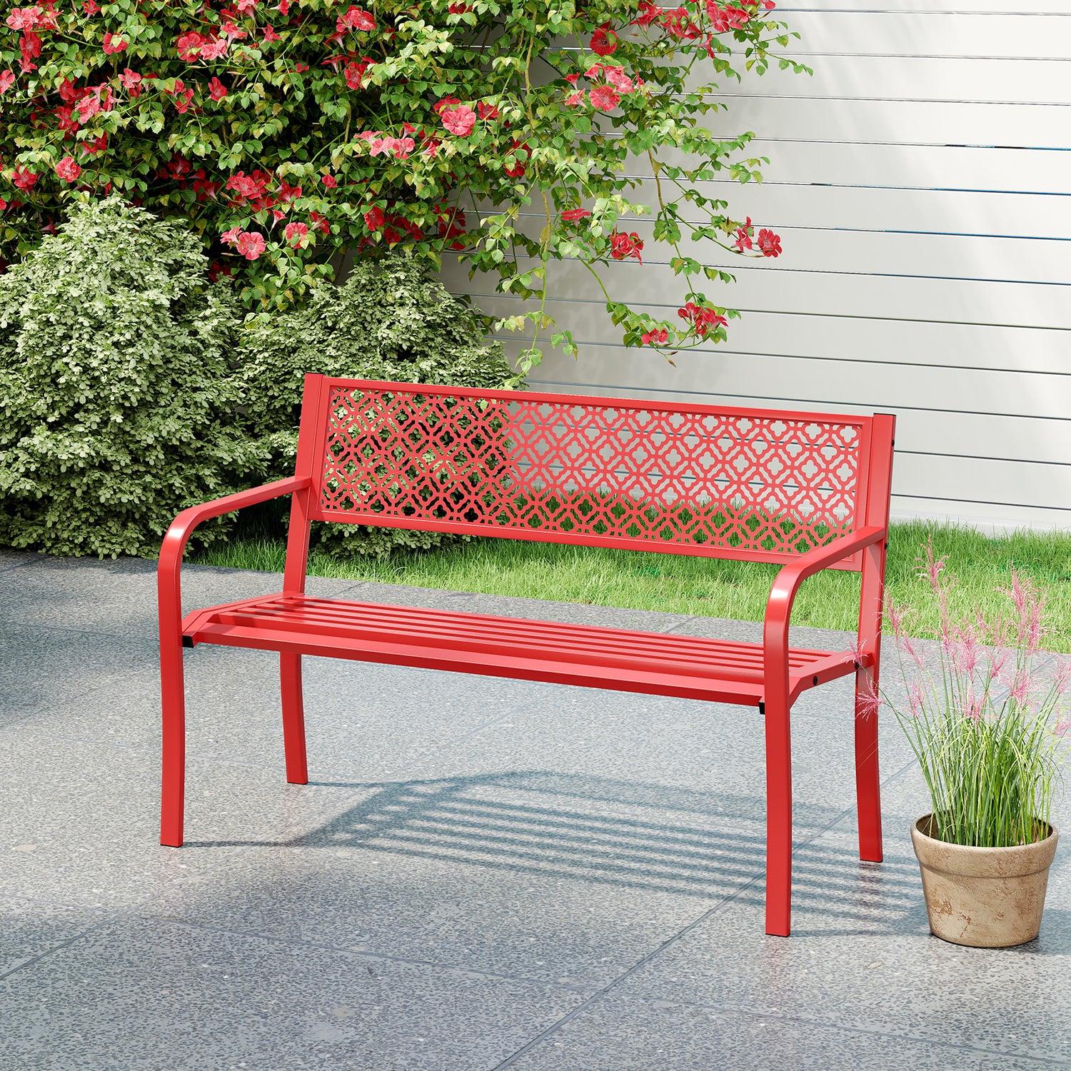50 Inches Outdoor Garden Bench with Geometric Lattice Backrest and Slatted Seat