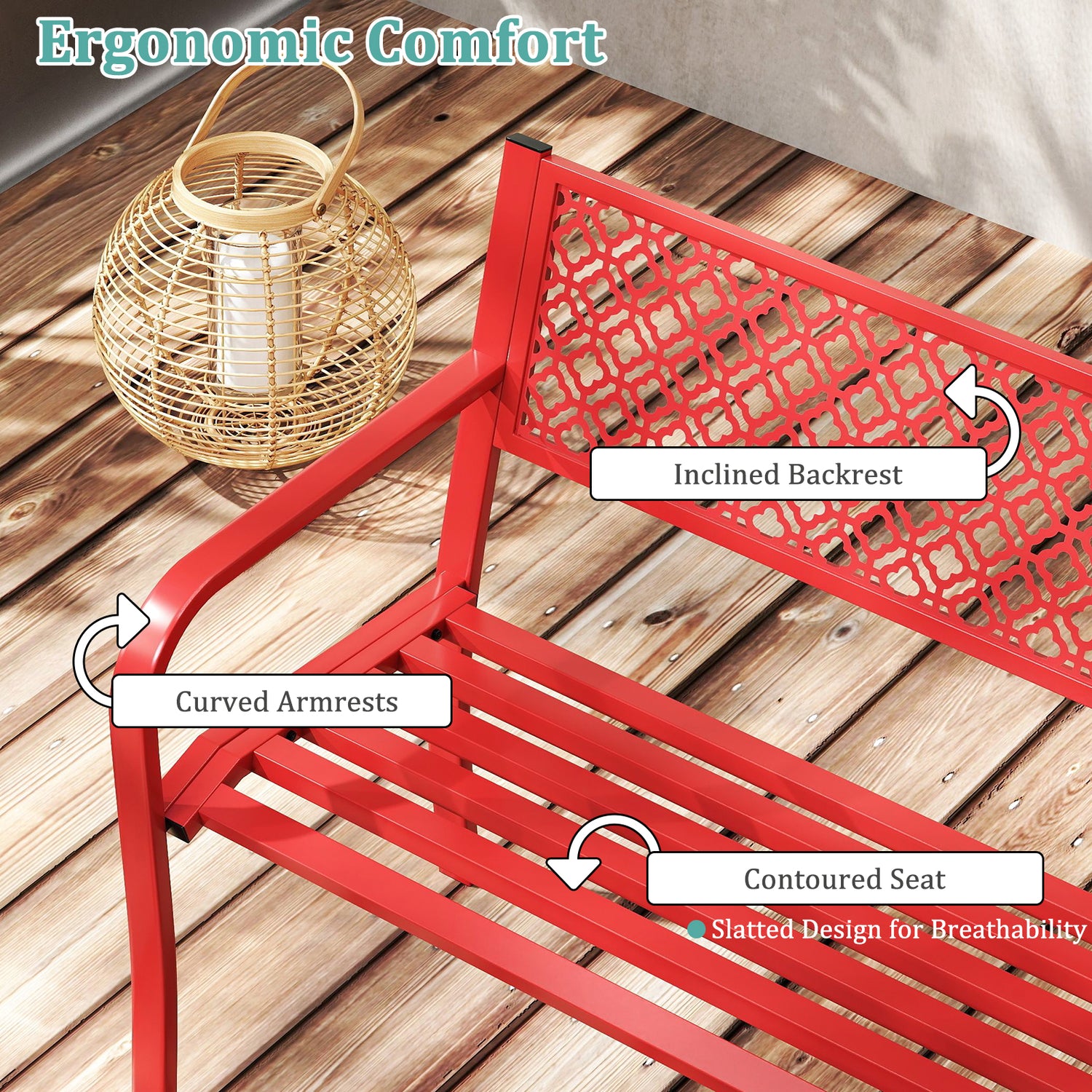 50 Inches Outdoor Garden Bench with Geometric Lattice Backrest and Slatted Seat