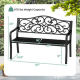50 Inches Outdoor Cast Iron Metal Patio Bench with Floral Design Backrest and Slatted Seat-Black