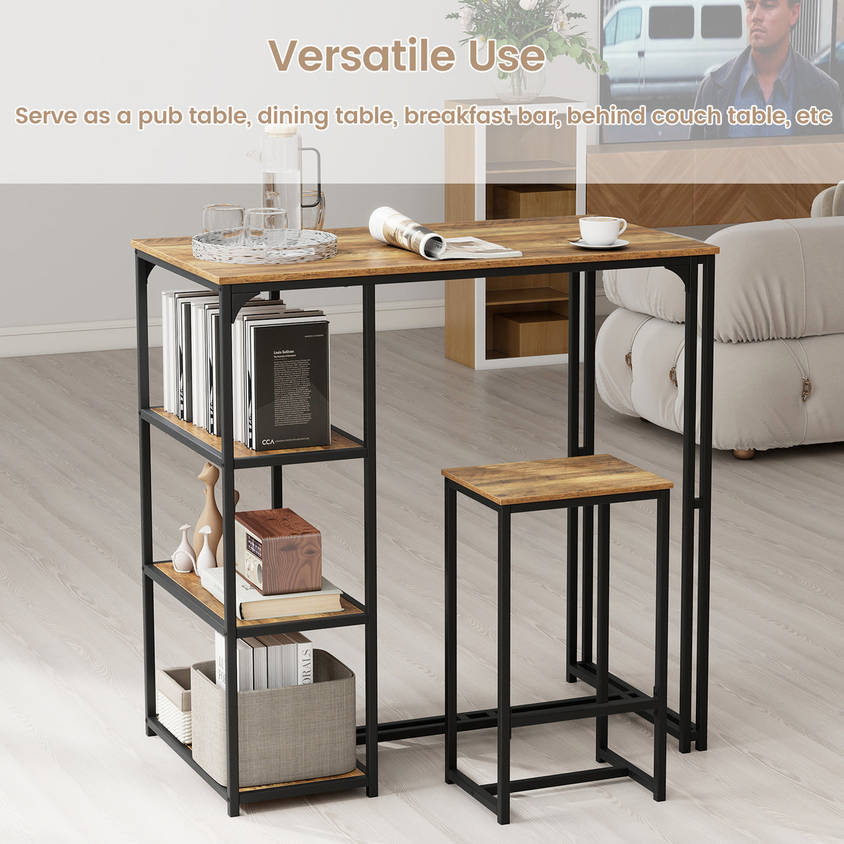 3-Piece Bar Table Set for 2 Bar-Height Dining Table with 2 Stools-Rustic Brown