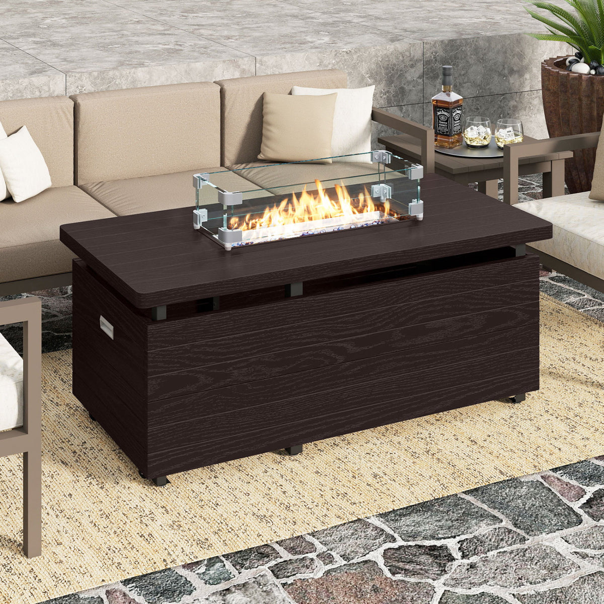 Propane Fire Pit Table 50000 BTU Gas Firepit with Removable Lid and Tempered Glass Wind Guard for Patio