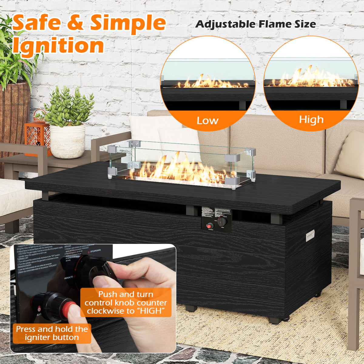 Propane Fire Pit Table 50000 BTU Gas Firepit with Removable Lid and Tempered Glass Wind Guard for Patio