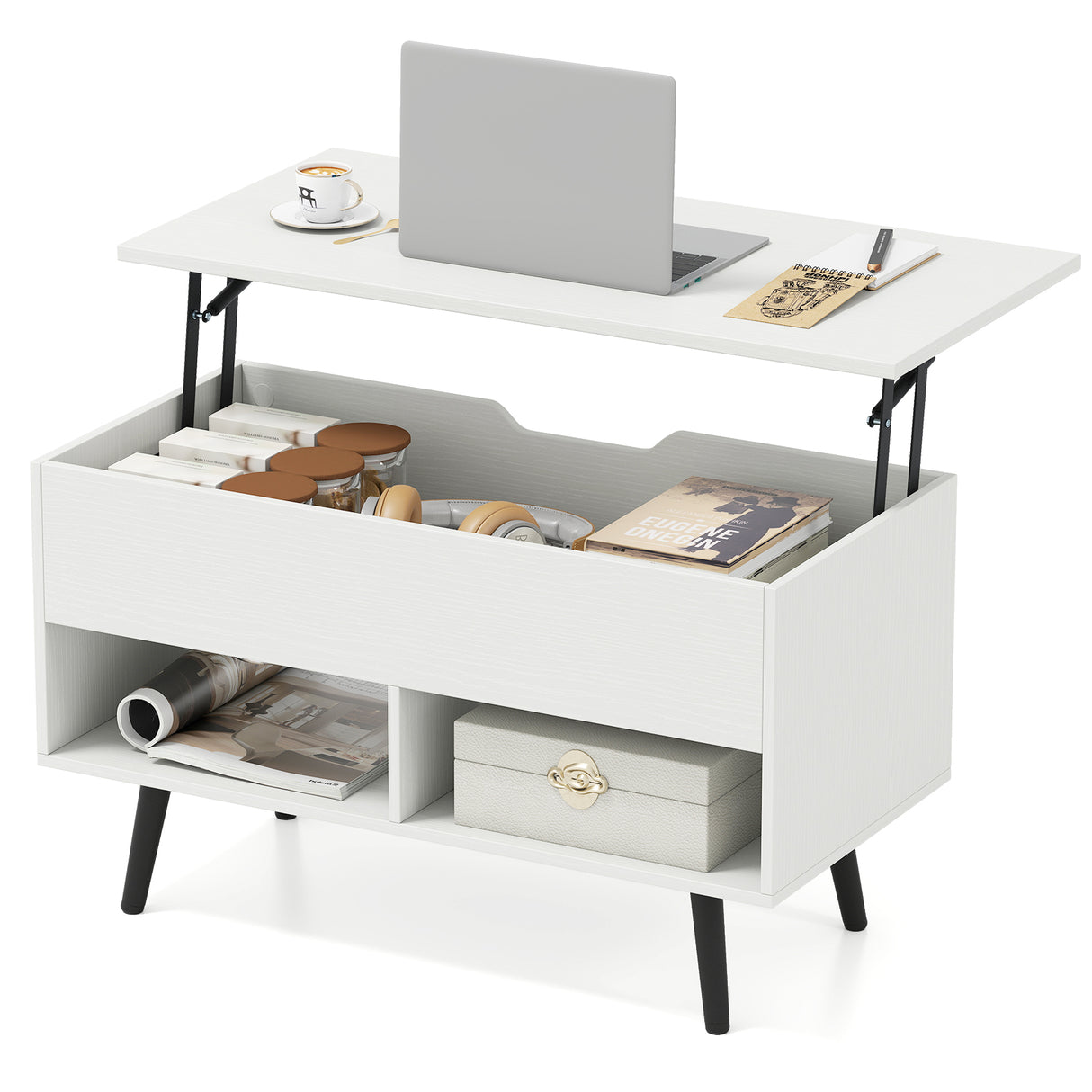 31.5 Inch Lift Top Coffee Table with Hidden Compartment and 2 Storage Shelves