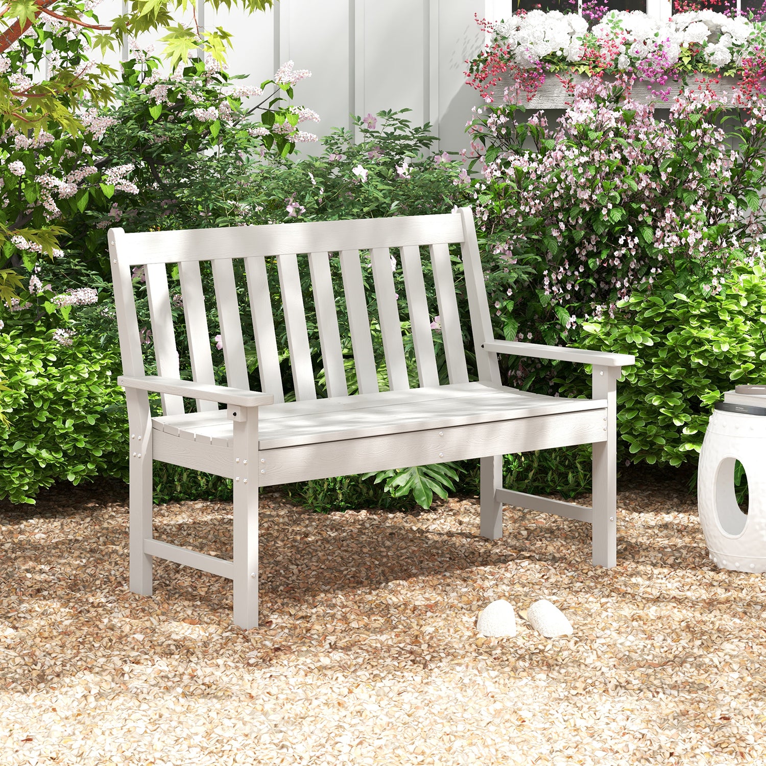 52 Inch All-Weather HDPE Outdoor Bench with Backrest and Armrests