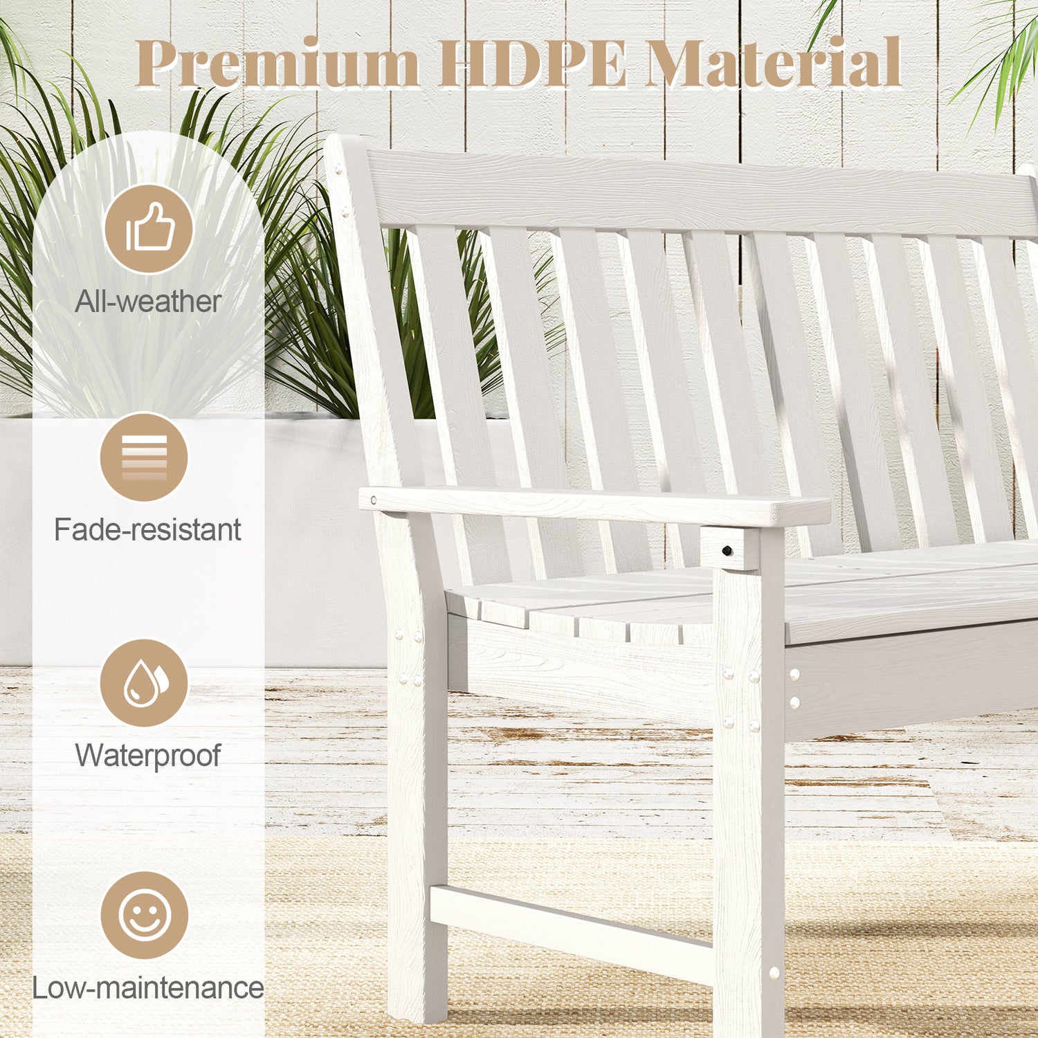 52 Inch All-Weather HDPE Outdoor Bench with Backrest and Armrests