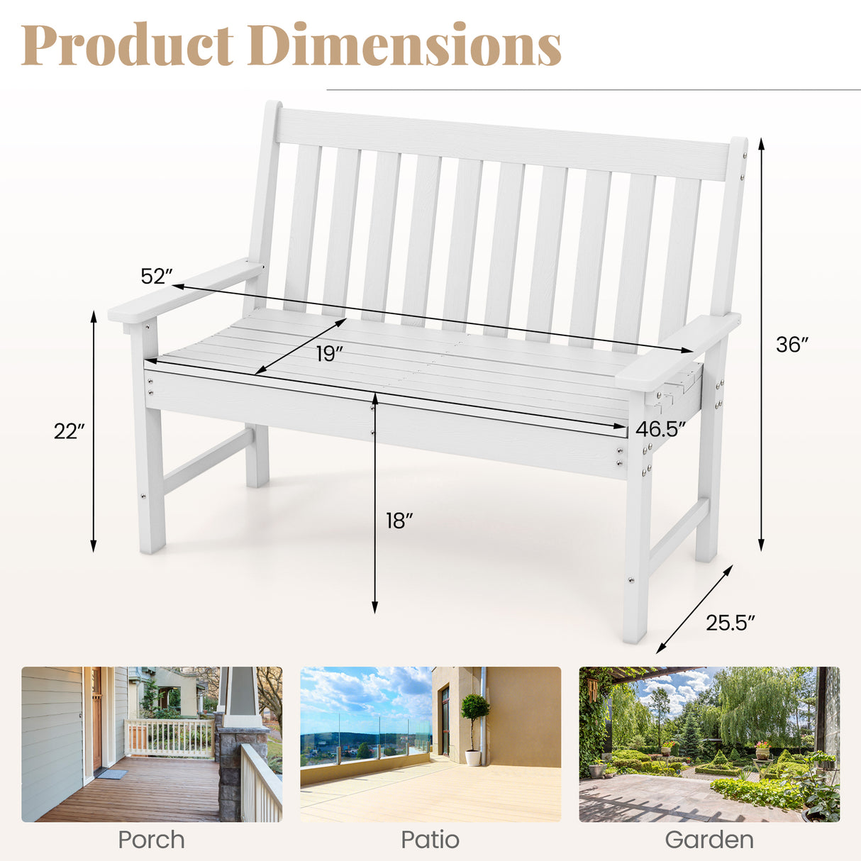 52 Inch All-Weather HDPE Outdoor Bench with Backrest and Armrests