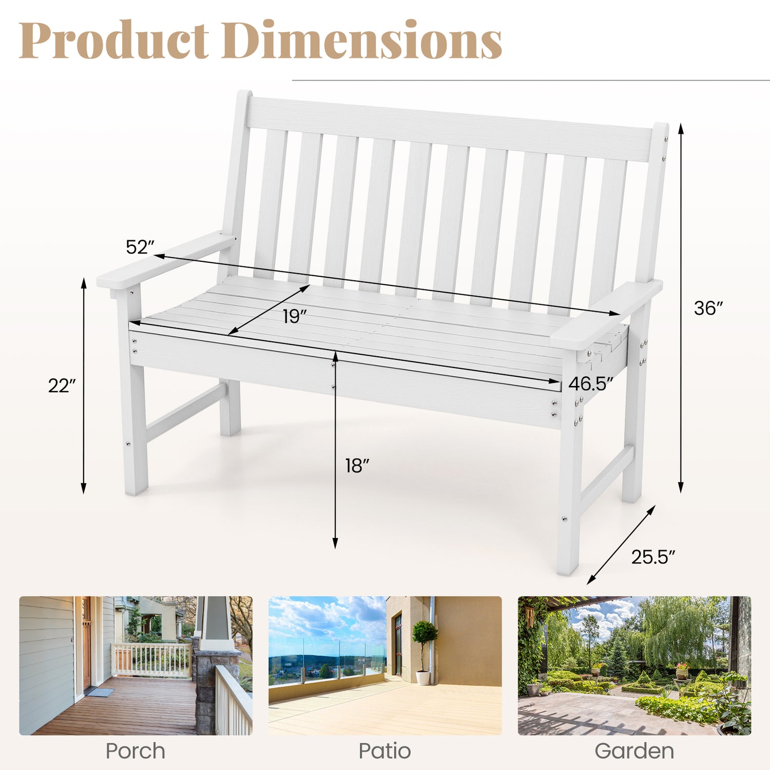 52 Inch All-Weather HDPE Outdoor Bench with Backrest and Armrests