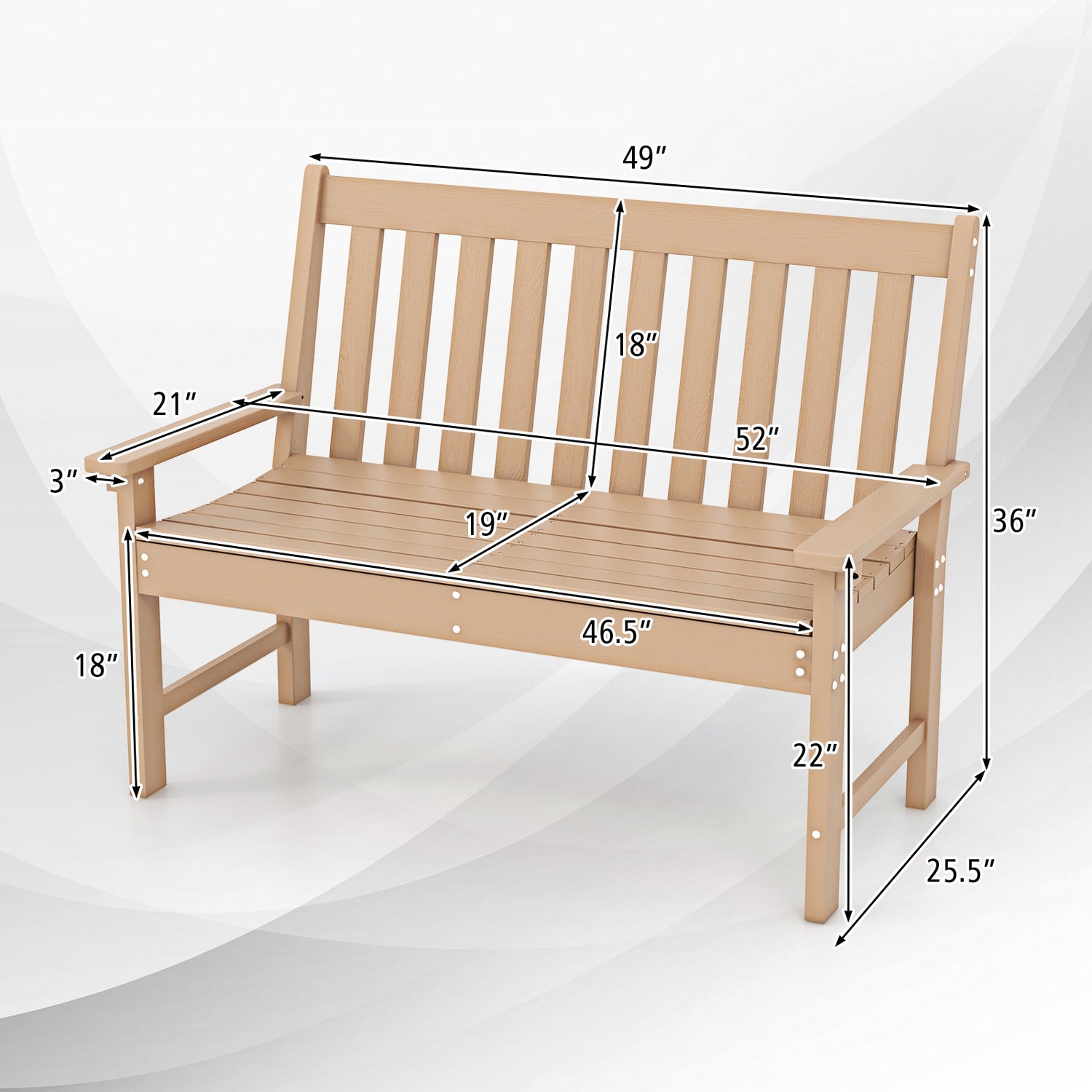 52 Inch All-Weather HDPE Outdoor Bench with Backrest and Armrests