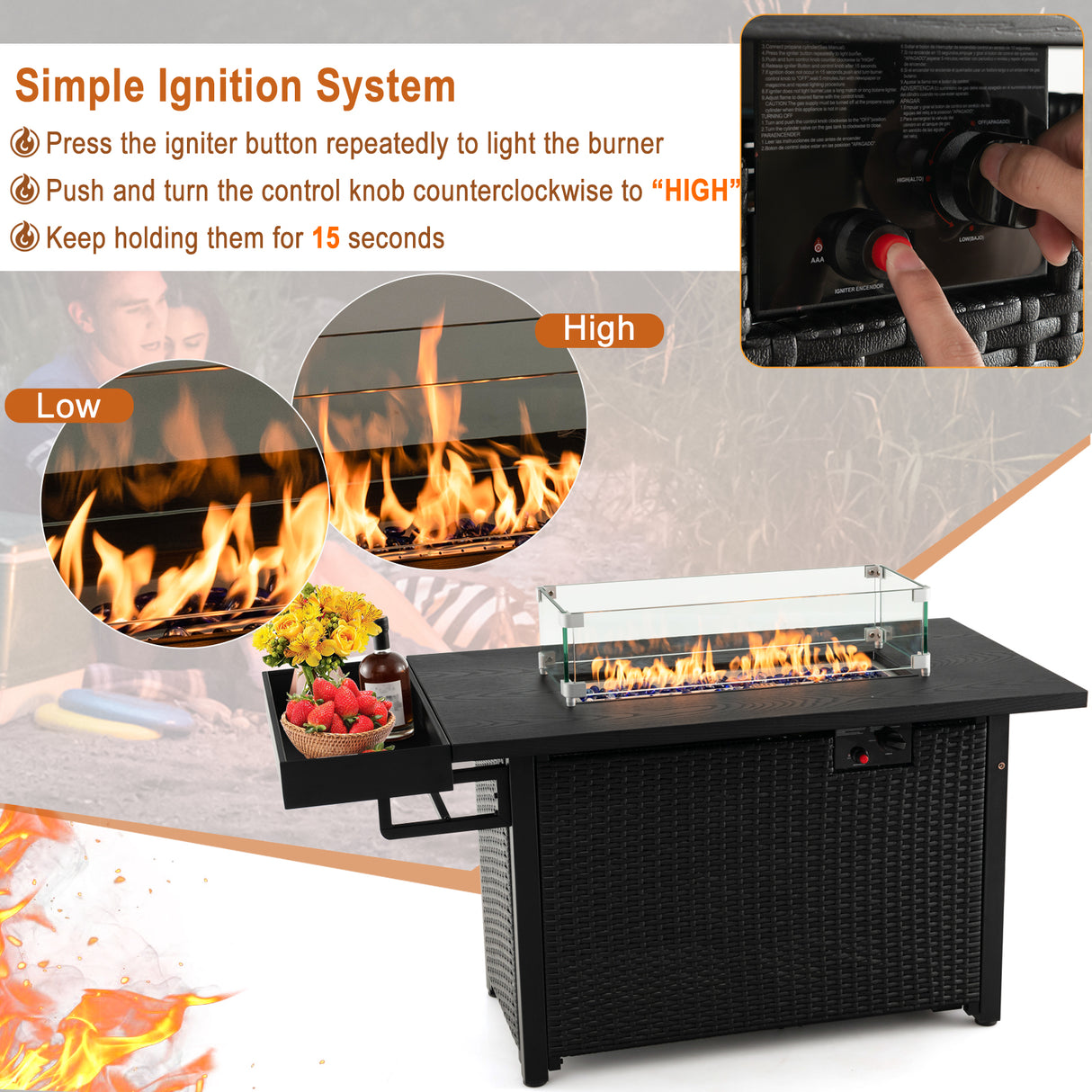 52 Inches Outdoor Wicker Gas Fire Pit Propane Fire Table with Cover-Black