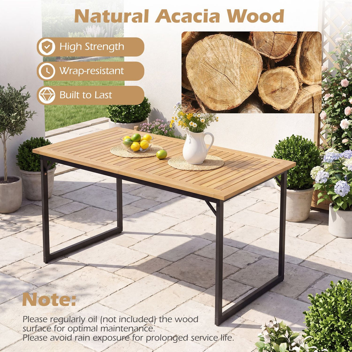 53" Acacia Wood Patio Dining Table with 1.97" Umbrella Hole for 6