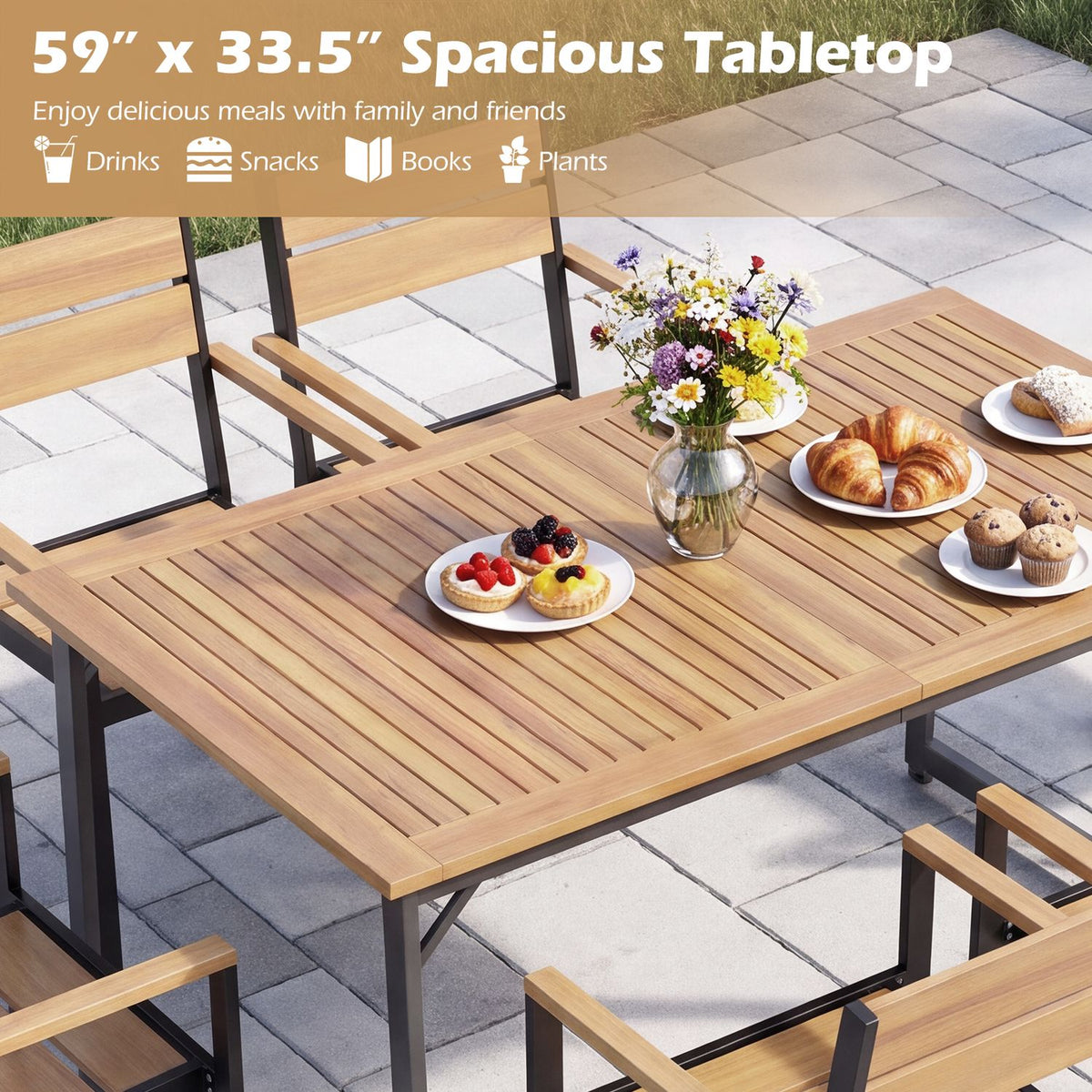 59" Acacia Wood Patio Dining Table for 6 with 1.97" Umbrella Hole