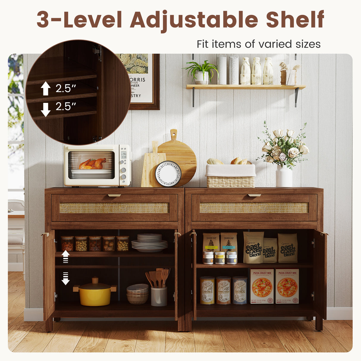 Sideboard Storage Cabinet with Rattan Doors and Drawer-Brown