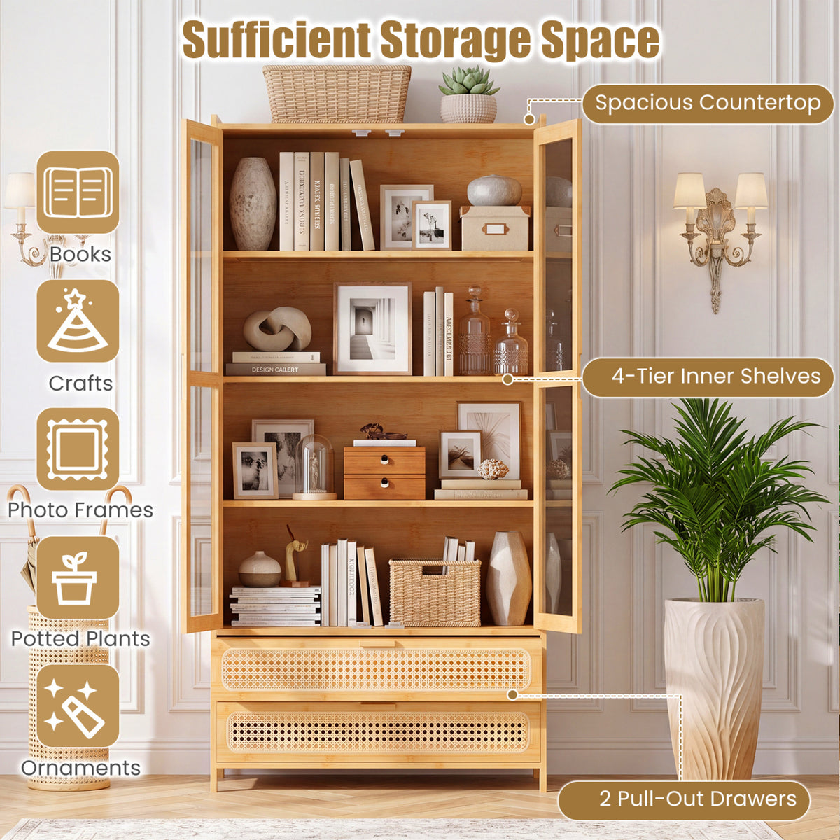 54.5" Bamboo Bookshelf with 2 Acrylic Doors 4 Shelves and 2 Drawers for Home Office-Natural