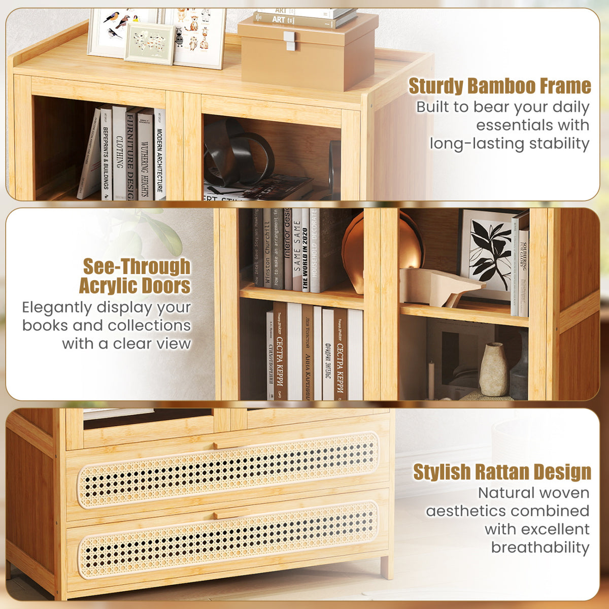 54.5" Bamboo Bookshelf with 2 Acrylic Doors 4 Shelves and 2 Drawers for Home Office-Natural