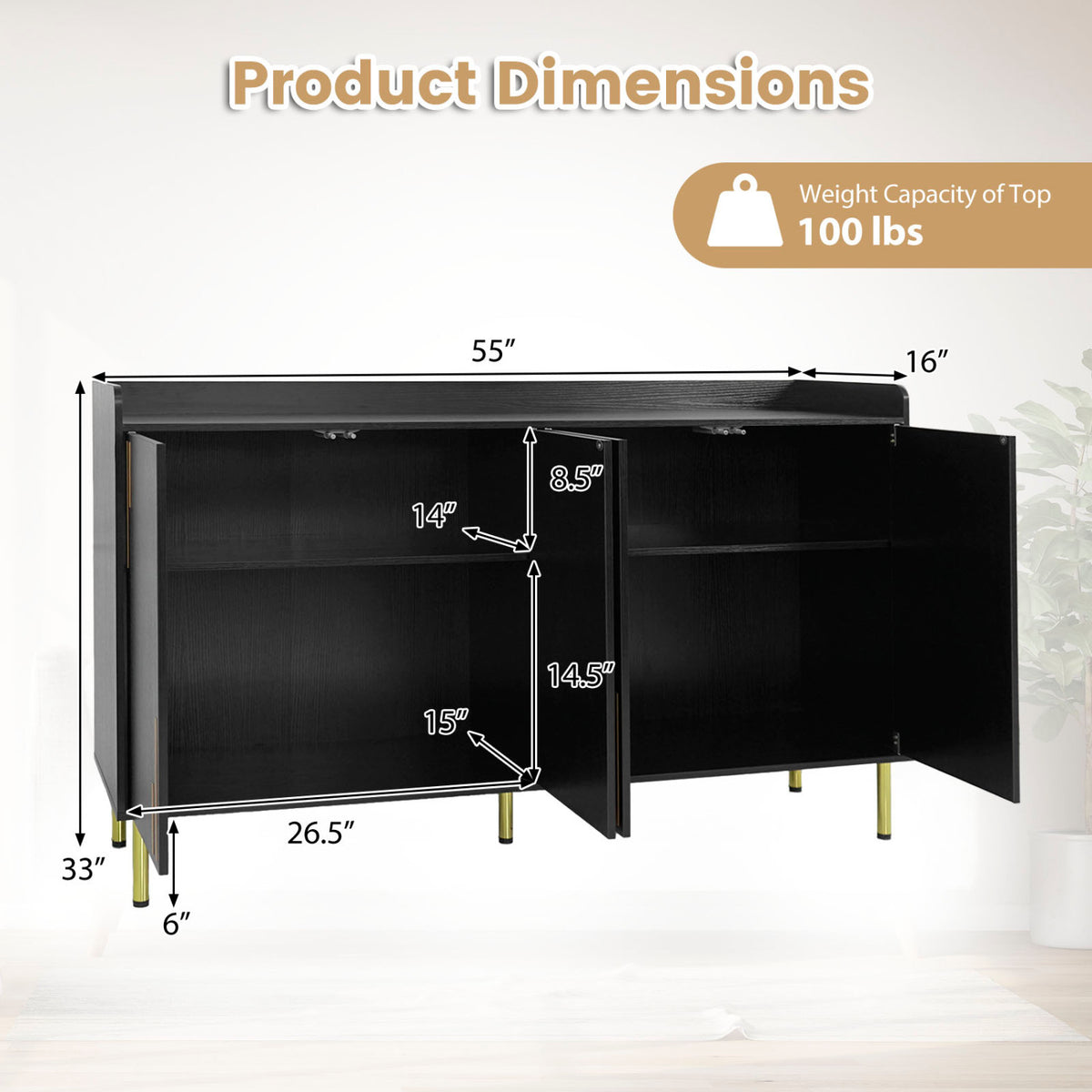 55" Buffet Cabinet with 4 Doors and 5 Metal Legs Modern Credenza