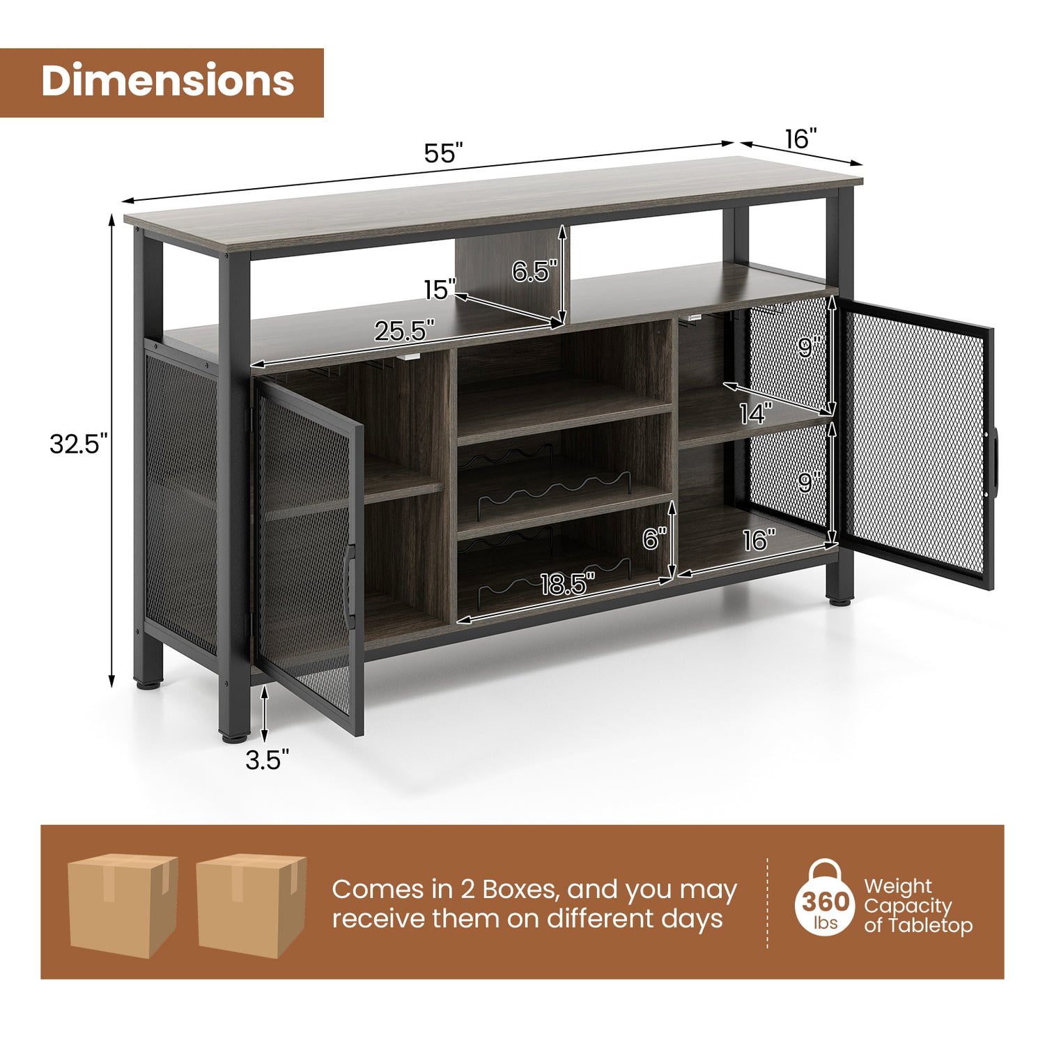 55-Inch Buffet Sideboard with 8-Bottle Wine Racks and Wine Glass Holders